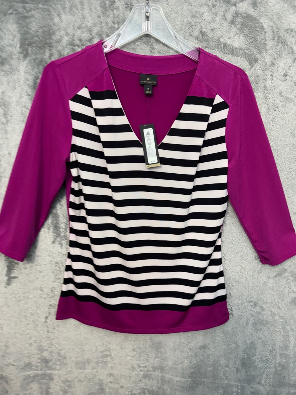 Worthington Fuchsia and Black-White Striped V-Neck Top Med NEW stretch pullover